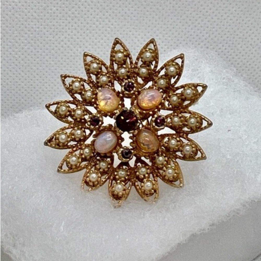 Starburst Brooch Mid-Century Sparkle! Pearls, Opals & Rhinestones Vintage
